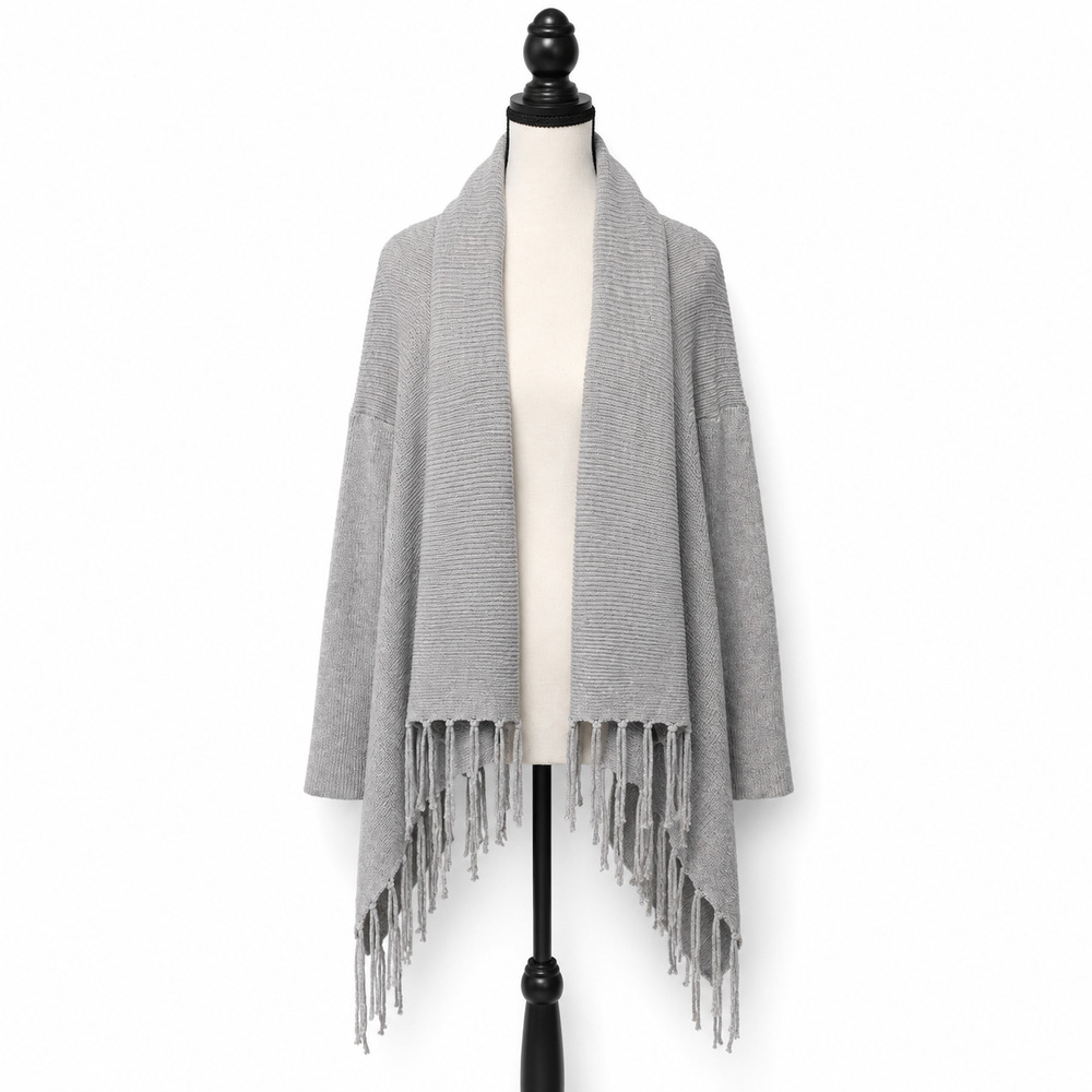 Umgee Knit Kimono Wrap Womens Size Small Gray Ribbed Fringe Trim Open Front Boho